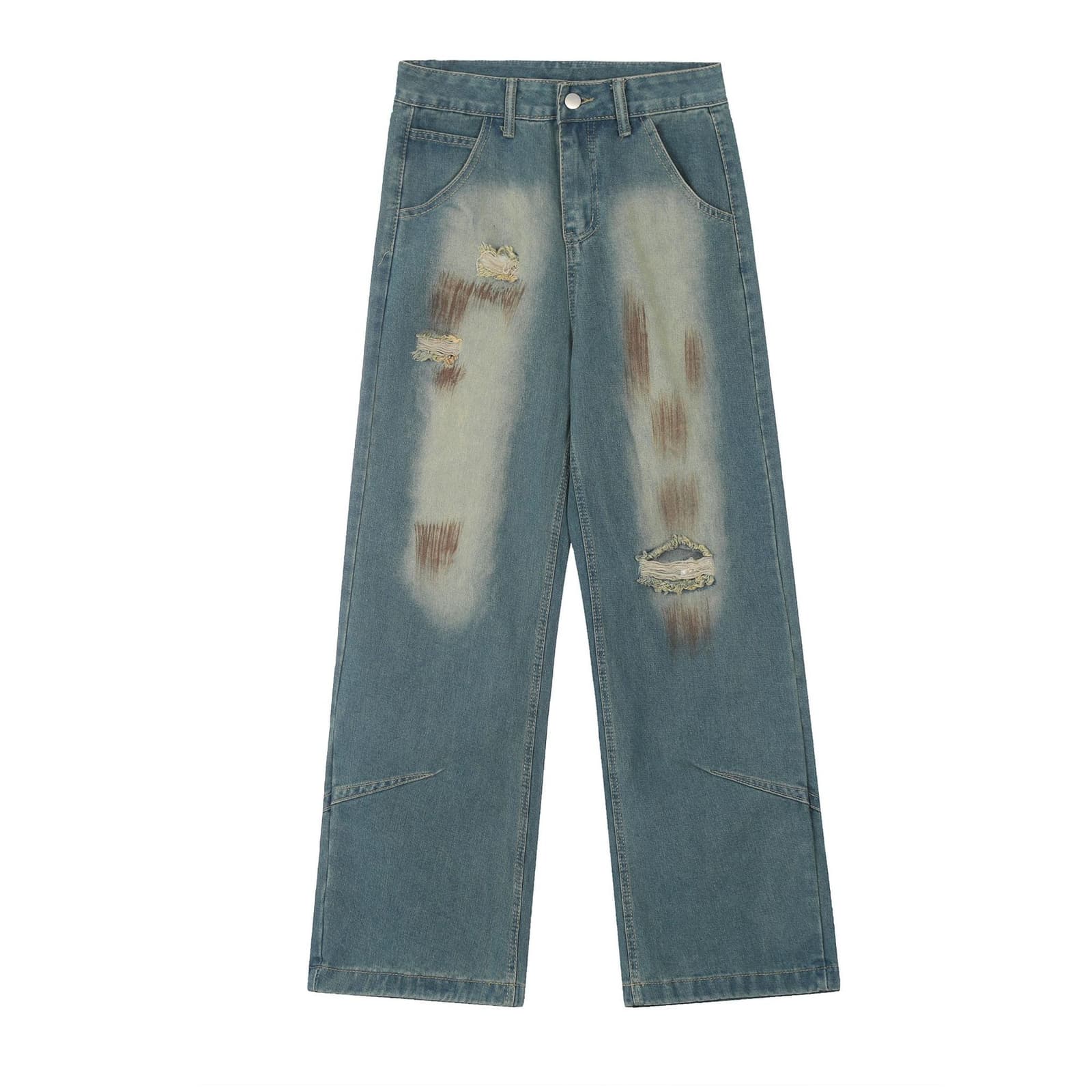 Pantalón denim recto con detalles de contraste perforados