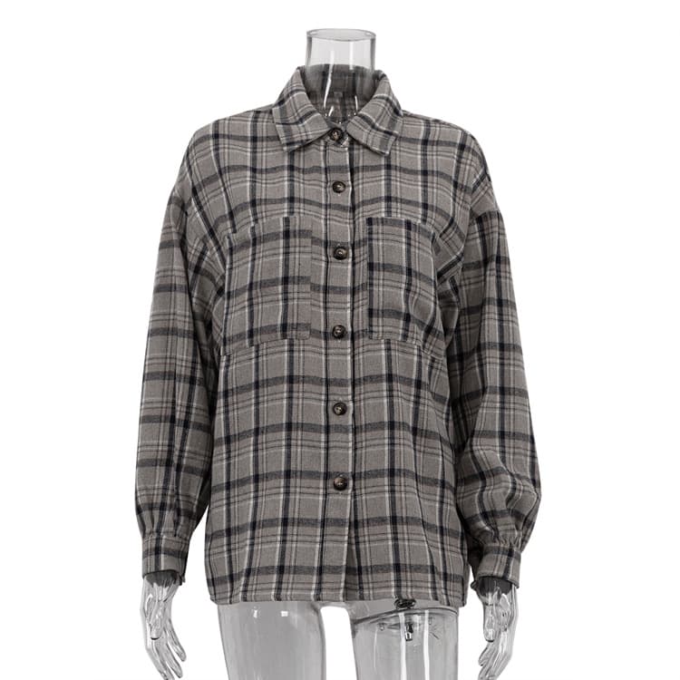 Camisa casual retro con bolsillo y patrón de cuadros