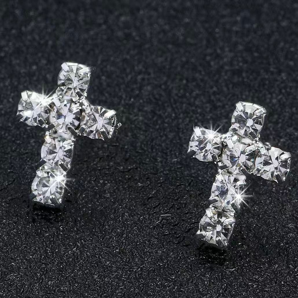 Pendientes de cruz de plata con diamantes completos y dorso plano
