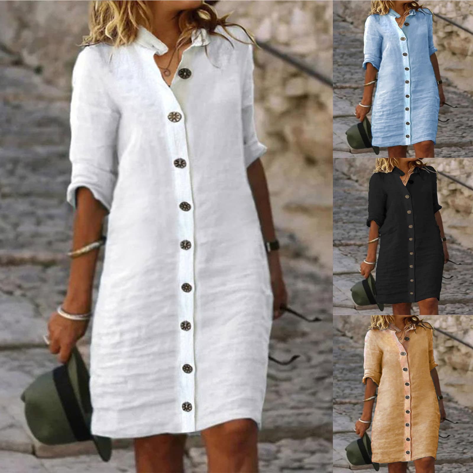Vestido camisero con mangas medias, cuello V y botones