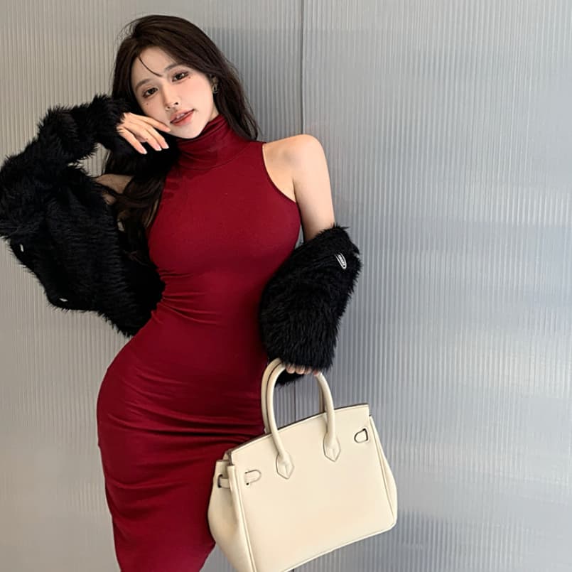 Vestido midi en poliéster color sólido