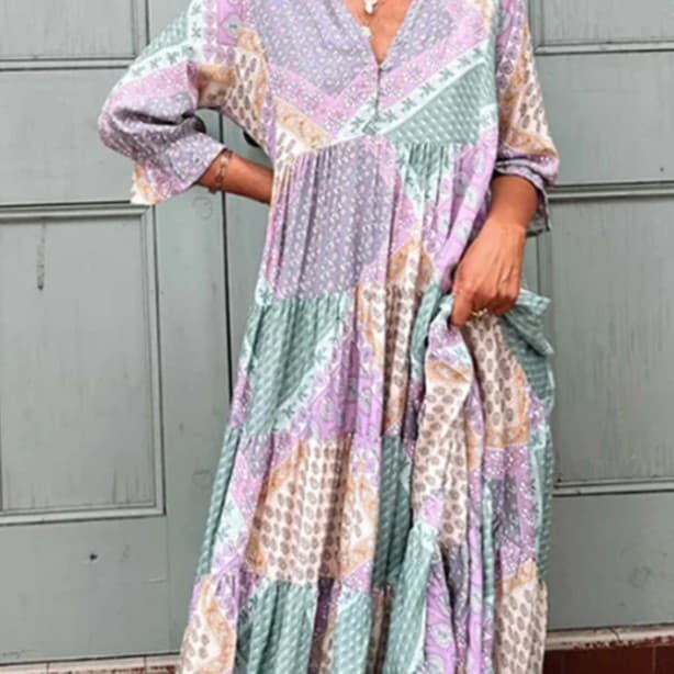 Vestido de mujer casual, cuello en V, bloques de color