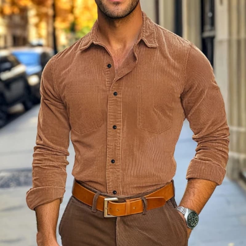 Camisa de pana para hombre manga larga con cuello polo
