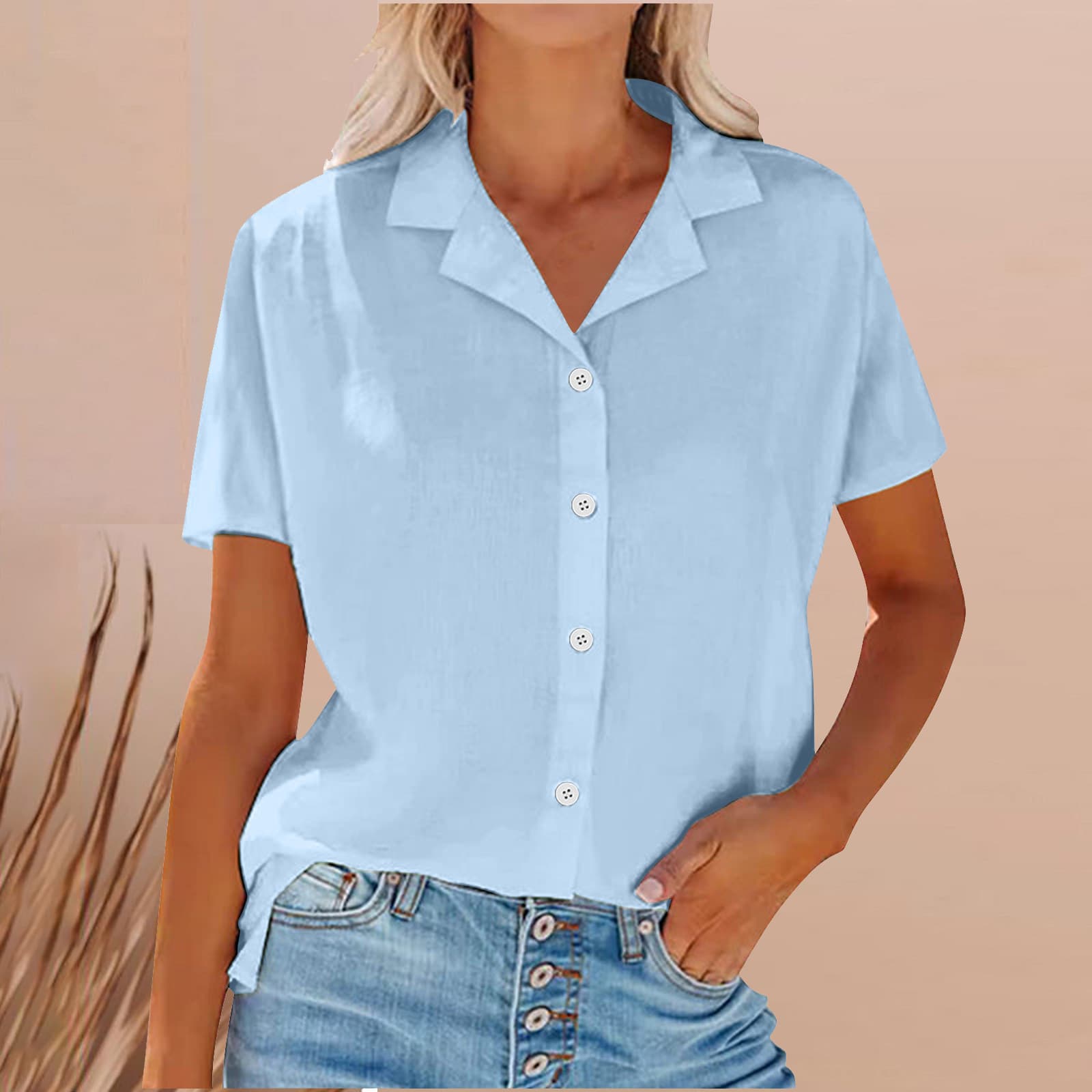 Camisa casual de algodón y lino con solapa para mujer