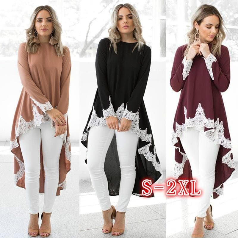 Vestido de manga larga con encaje y falda irregular