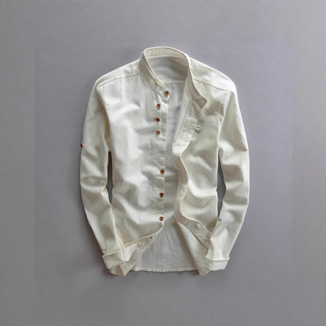 Camisa de algodón y lino estilo chino con cuello parado