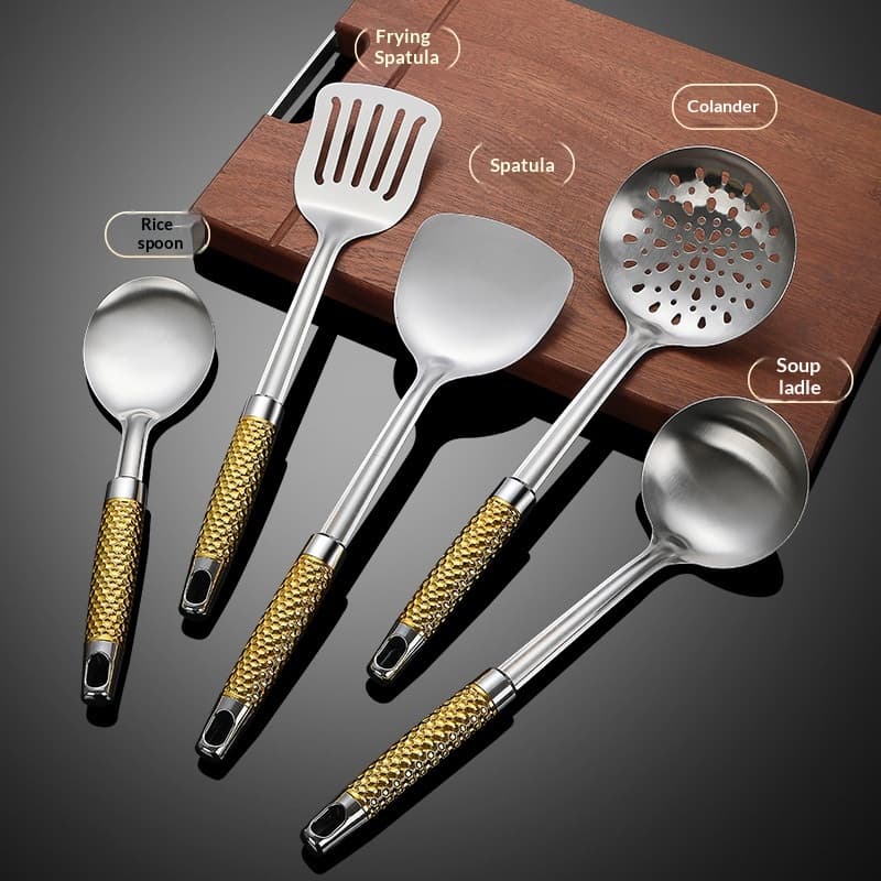 Juego de utensilios de acero inoxidable con mango martillado
