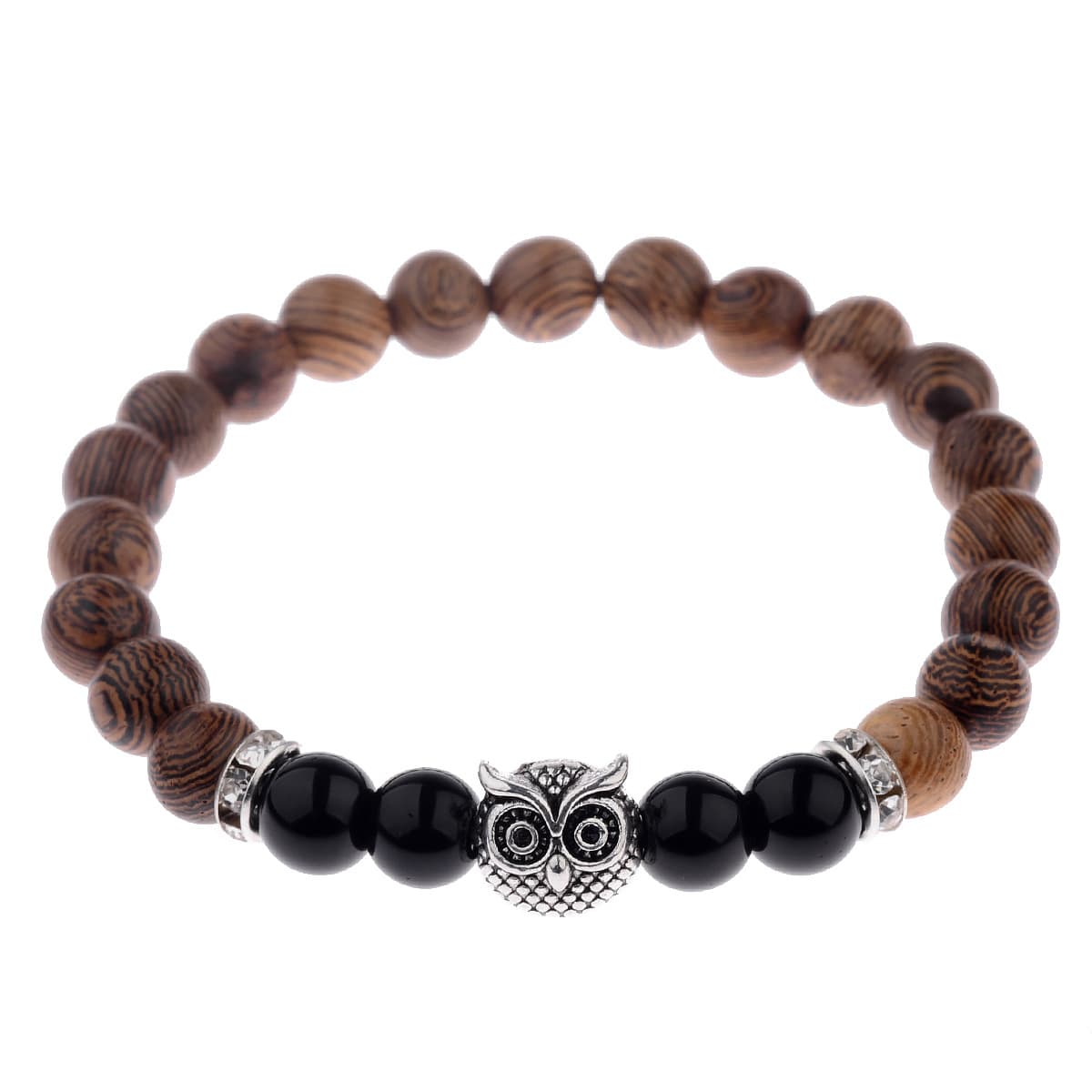 Pulsera de búho y piedra mate, vetas de madera