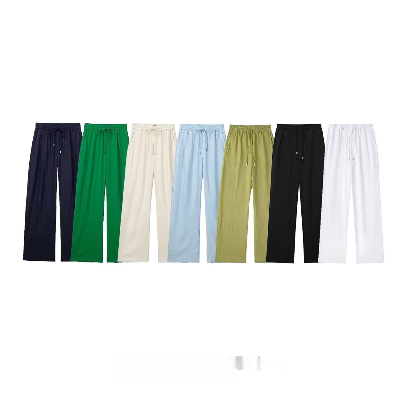 Pantalones rectos de cintura elástica con cordones color liso