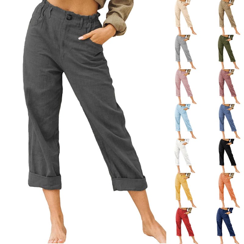 Pantalones largos casuales para mujer de algodón y lino