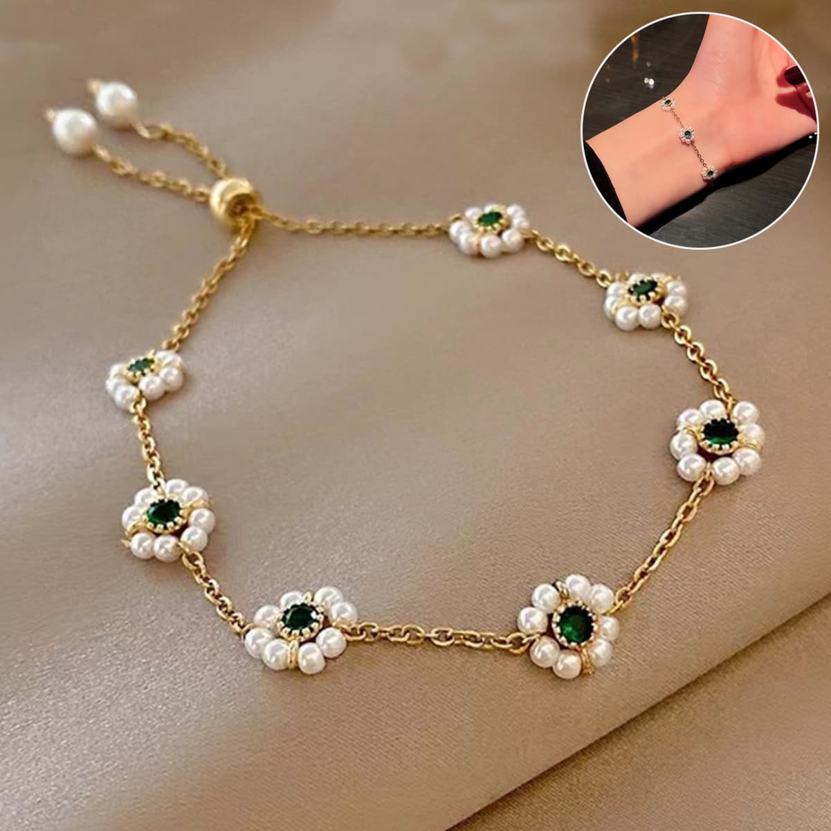Pulsera de perlas con flores, cadena ajustable