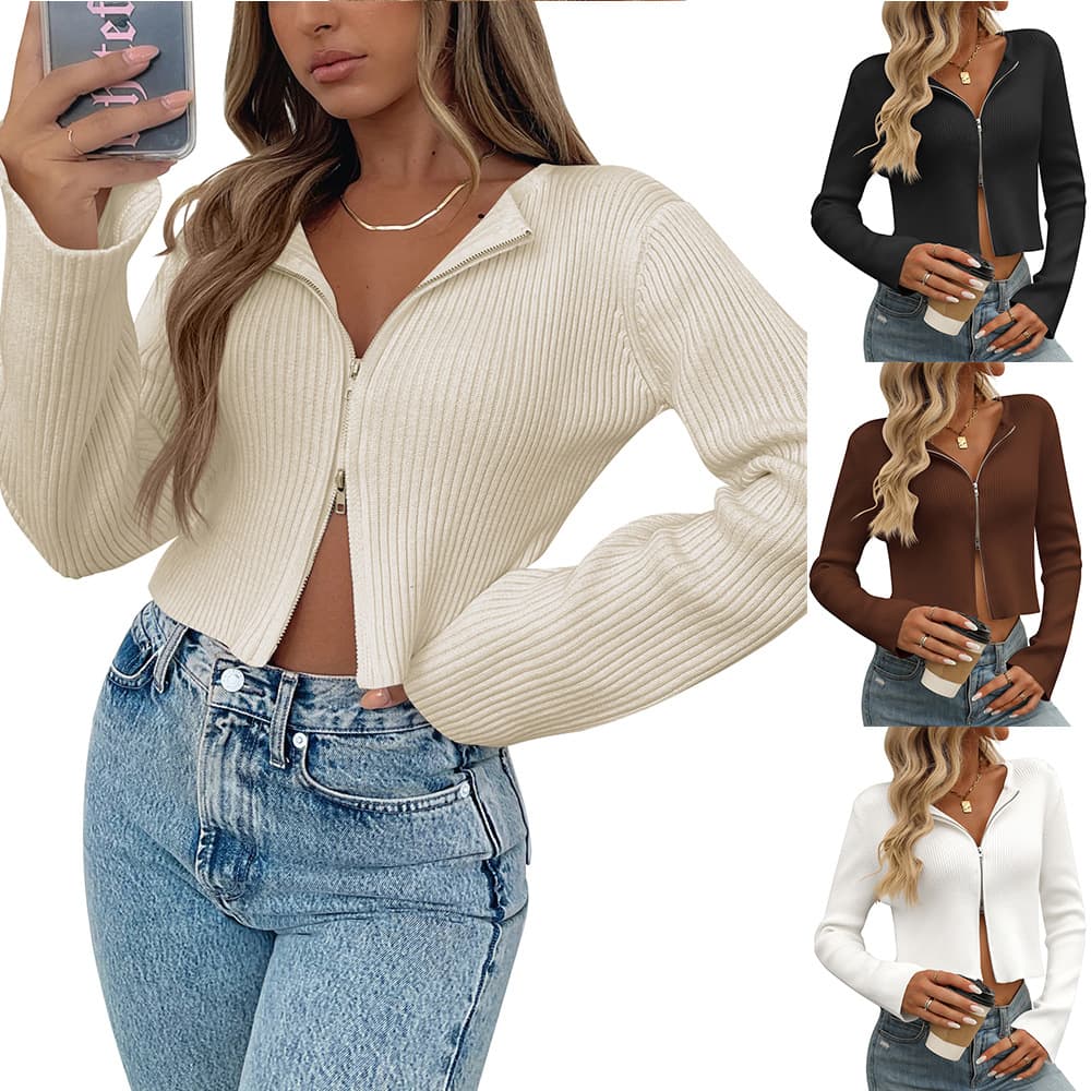 Cardigan tejido mujer manga larga con cremallera