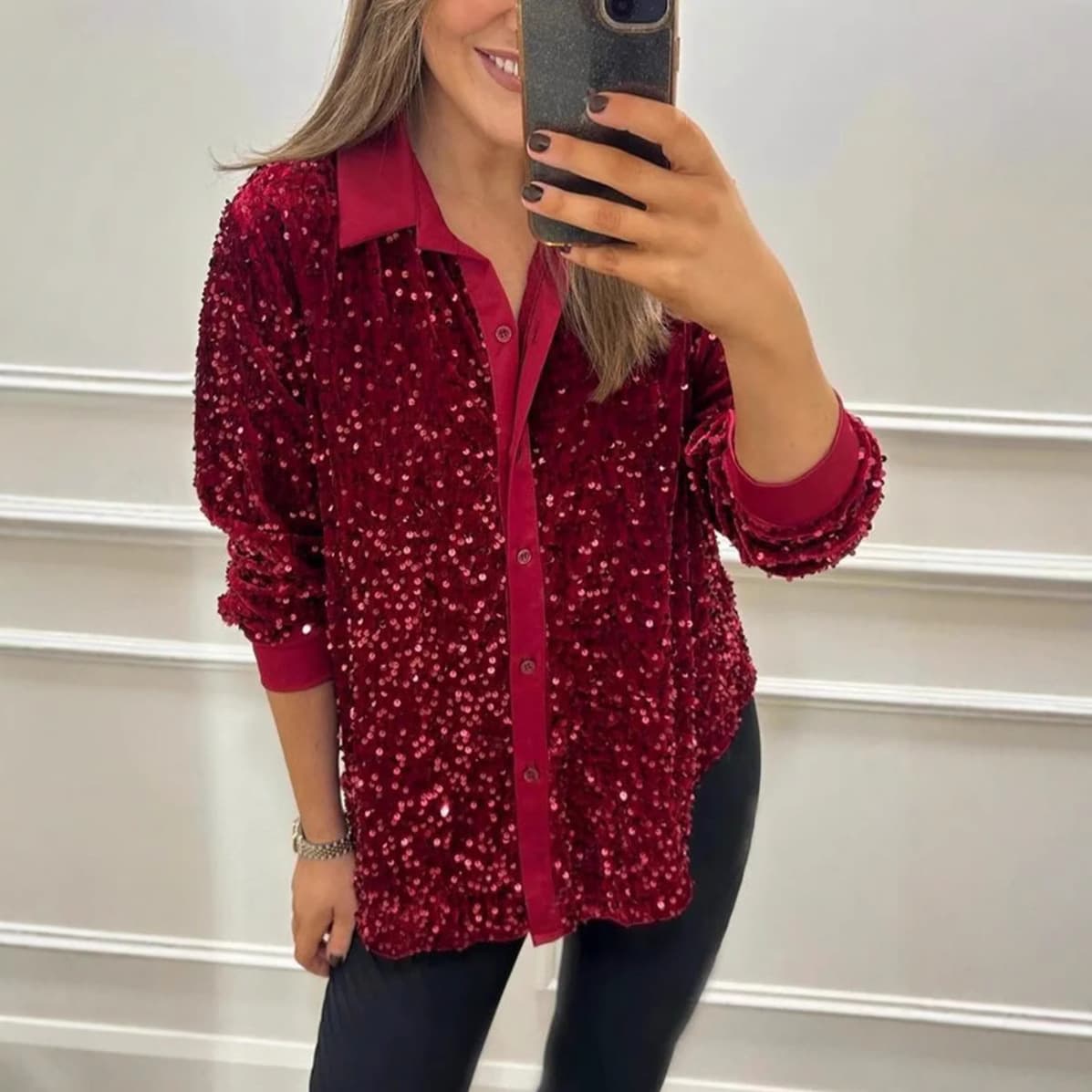 Camisa mujer con lentejuelas solapa manga larga