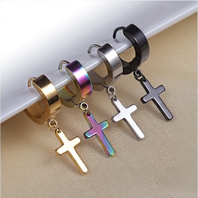 Aretes cruz para hombres acero titanio inoxidable