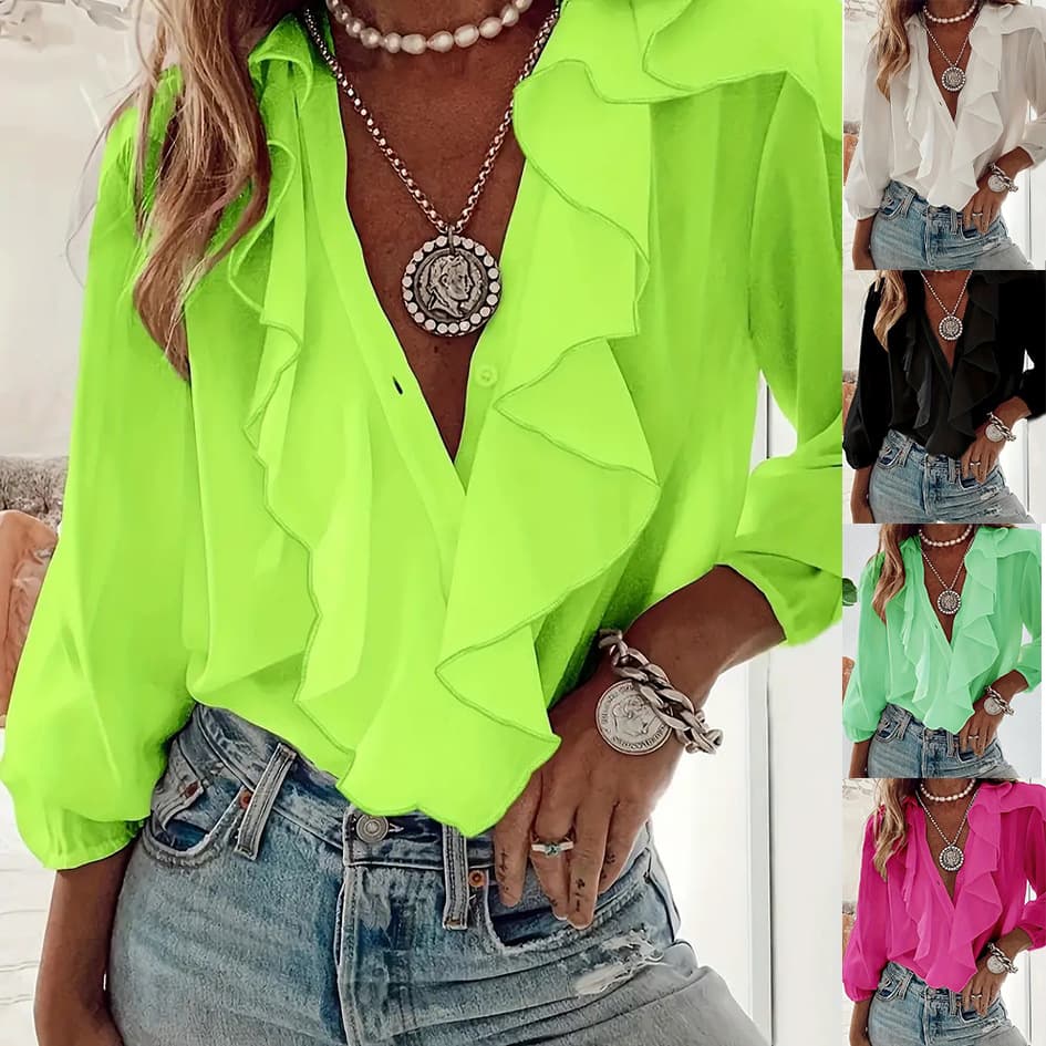 Blusa con volantes cuello en V manga larga