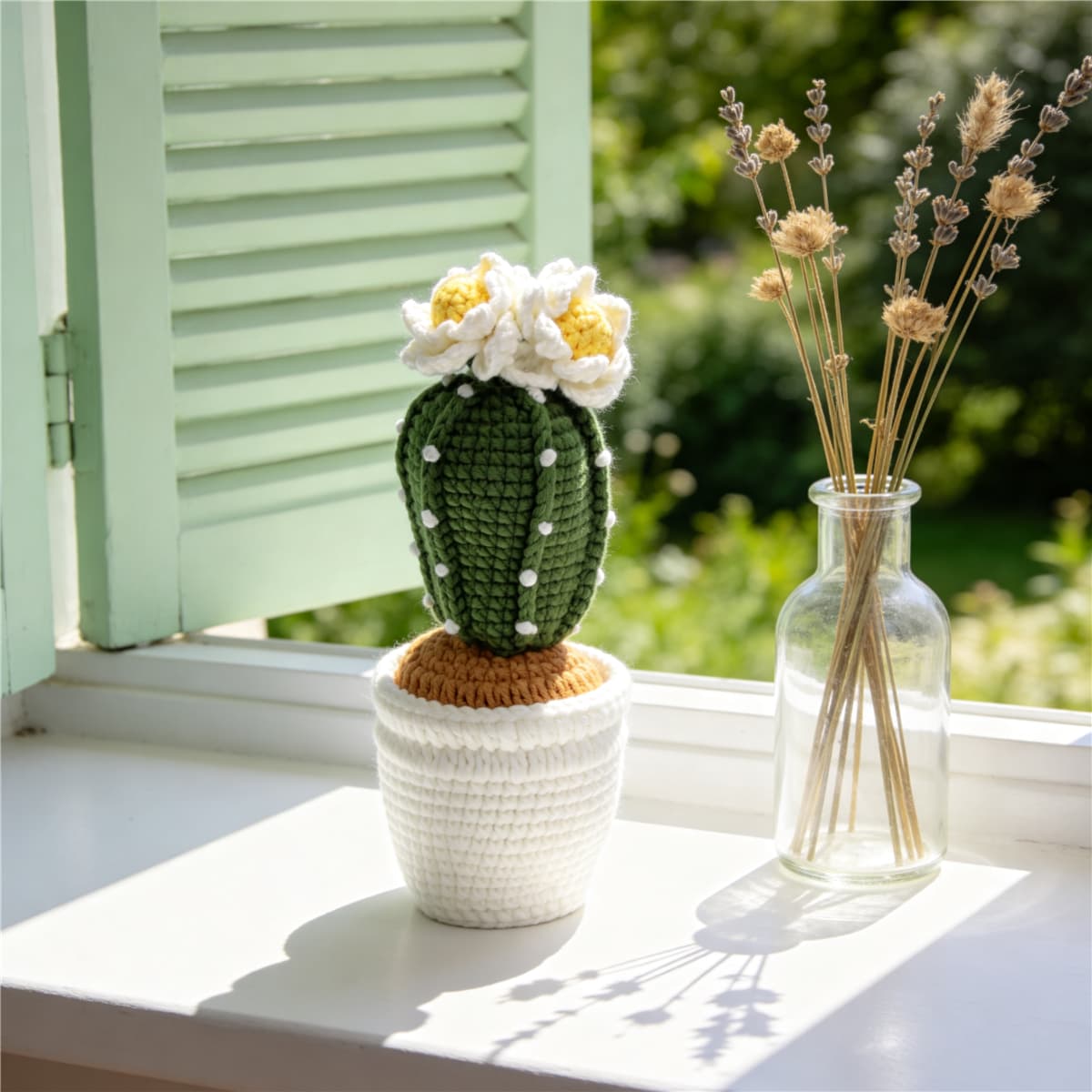 Maceta de cactus con flores tejidas a mano