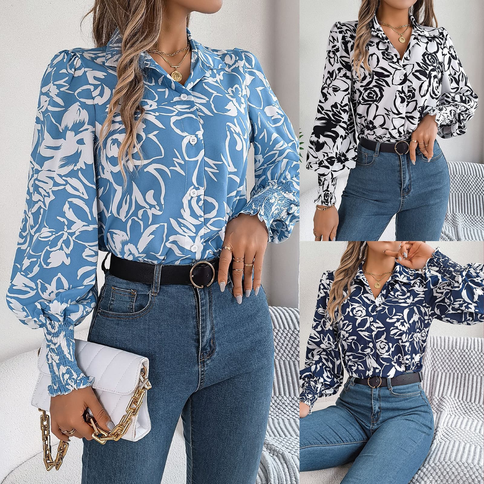 Camisa elegante con mangas farol y detalles floreales