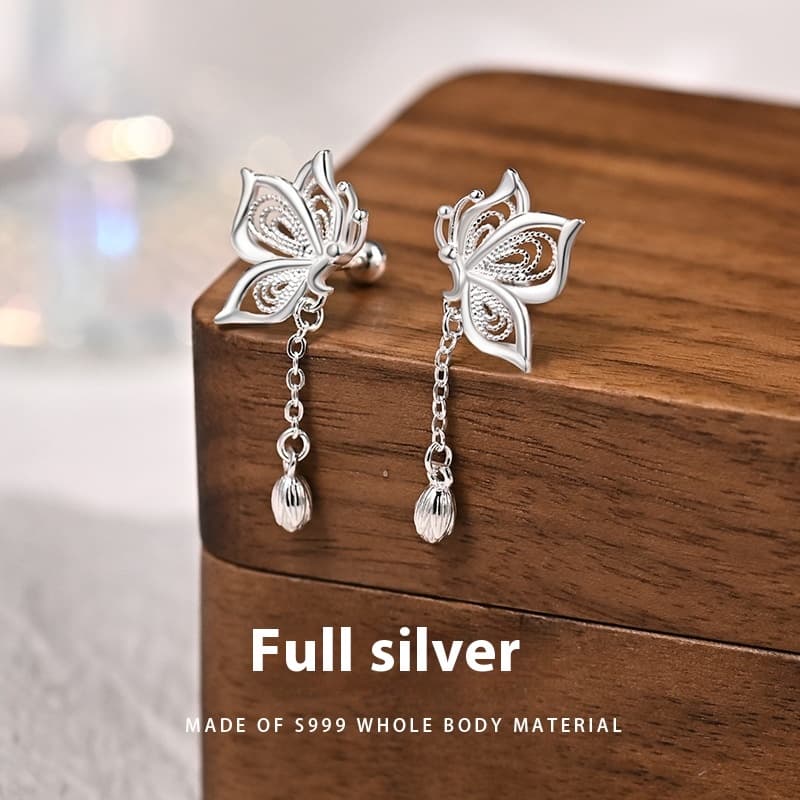 Pendientes mariposa plata con flecos estilo coreano