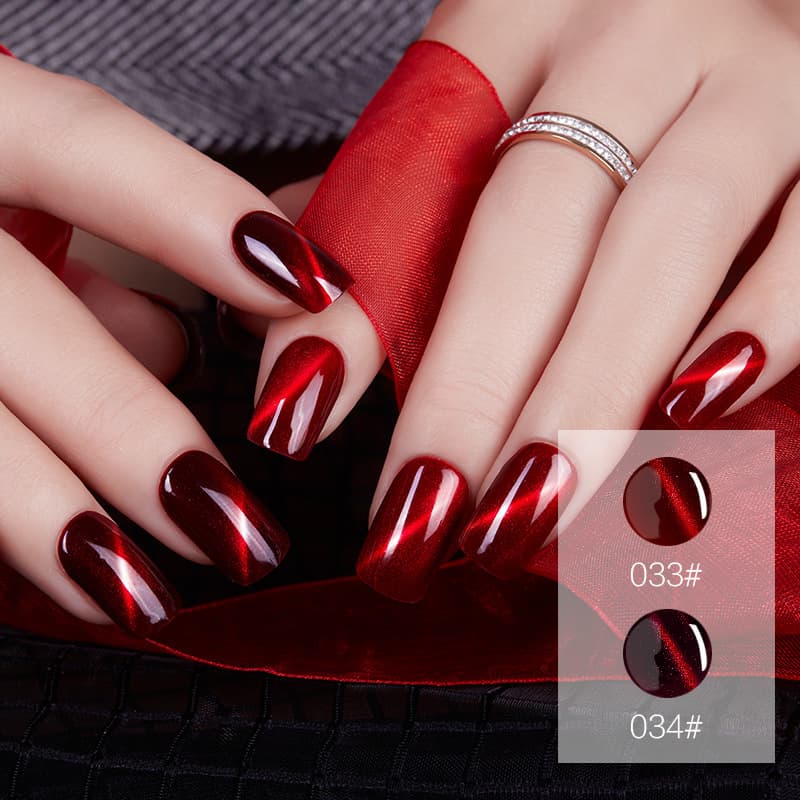 Gel de uñas efecto cat eye rojo brillante