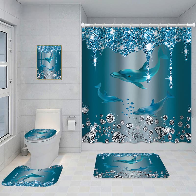 Juego de baño con cortina impermeable y tapetes