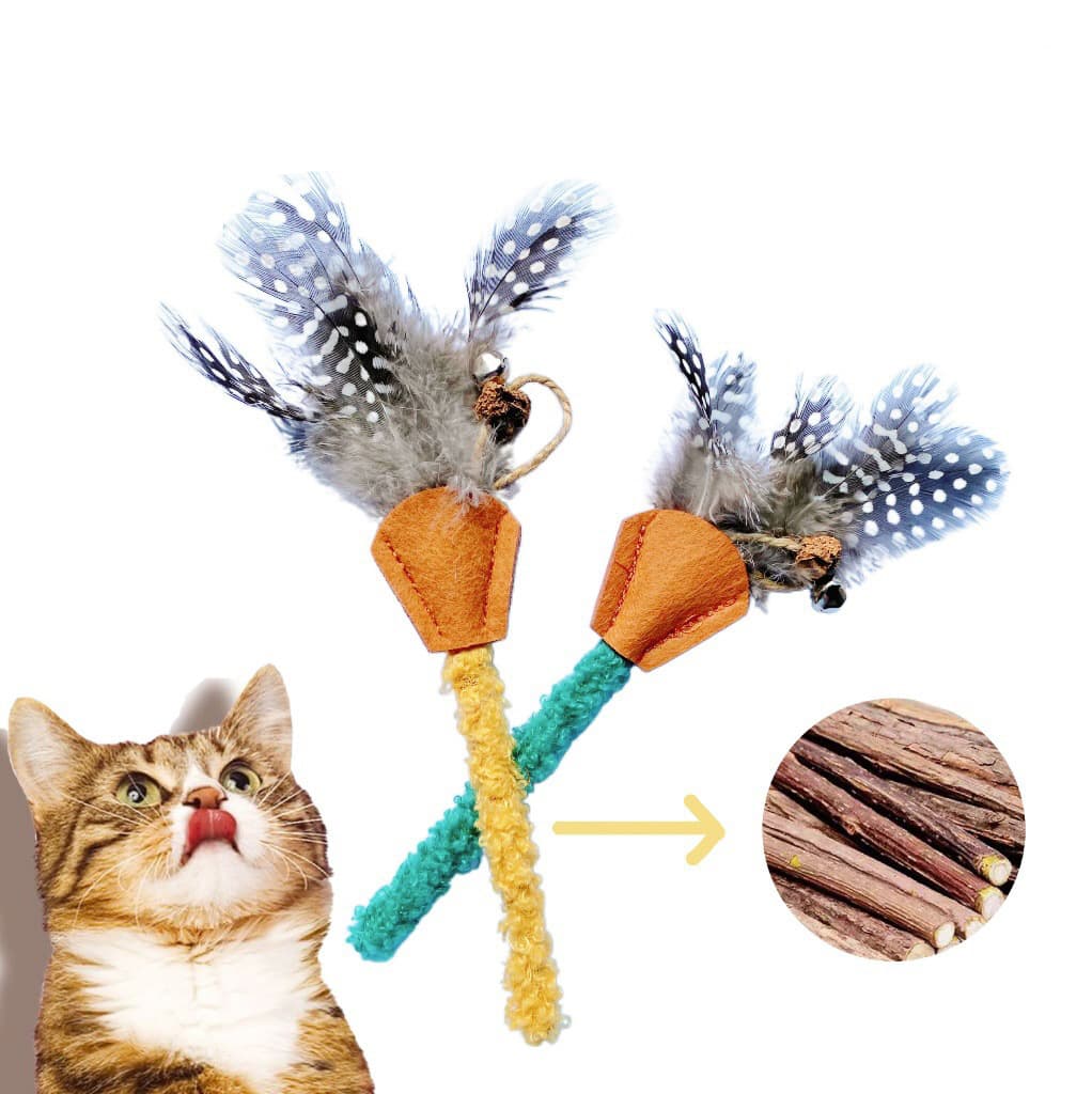 Juguete de madera para gato con palo de plumas