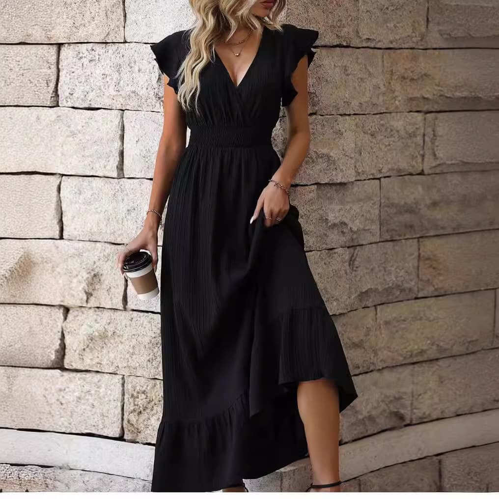 Vestido color sólido con cuello en V y mangas fruncidas