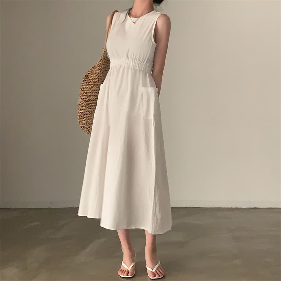 Vestido sin manga bolsillo mujer cintura alta