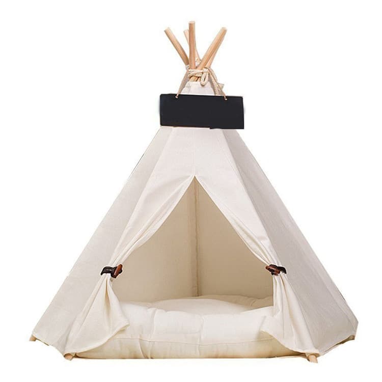Casa para mascotas de madera con almohadilla de lona