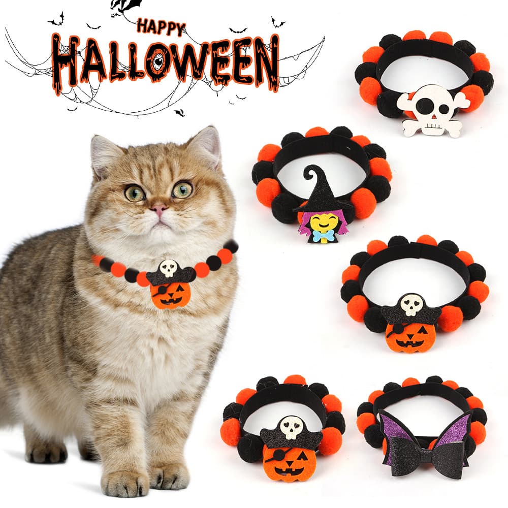 Collar de mascota pompón Halloween con diseño calabaza