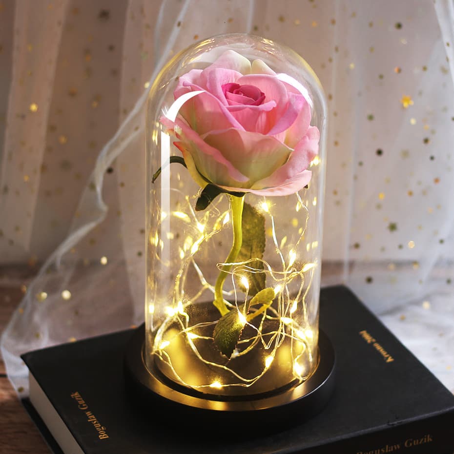 Rosa LED con cúpula de cristal y adorno luminoso