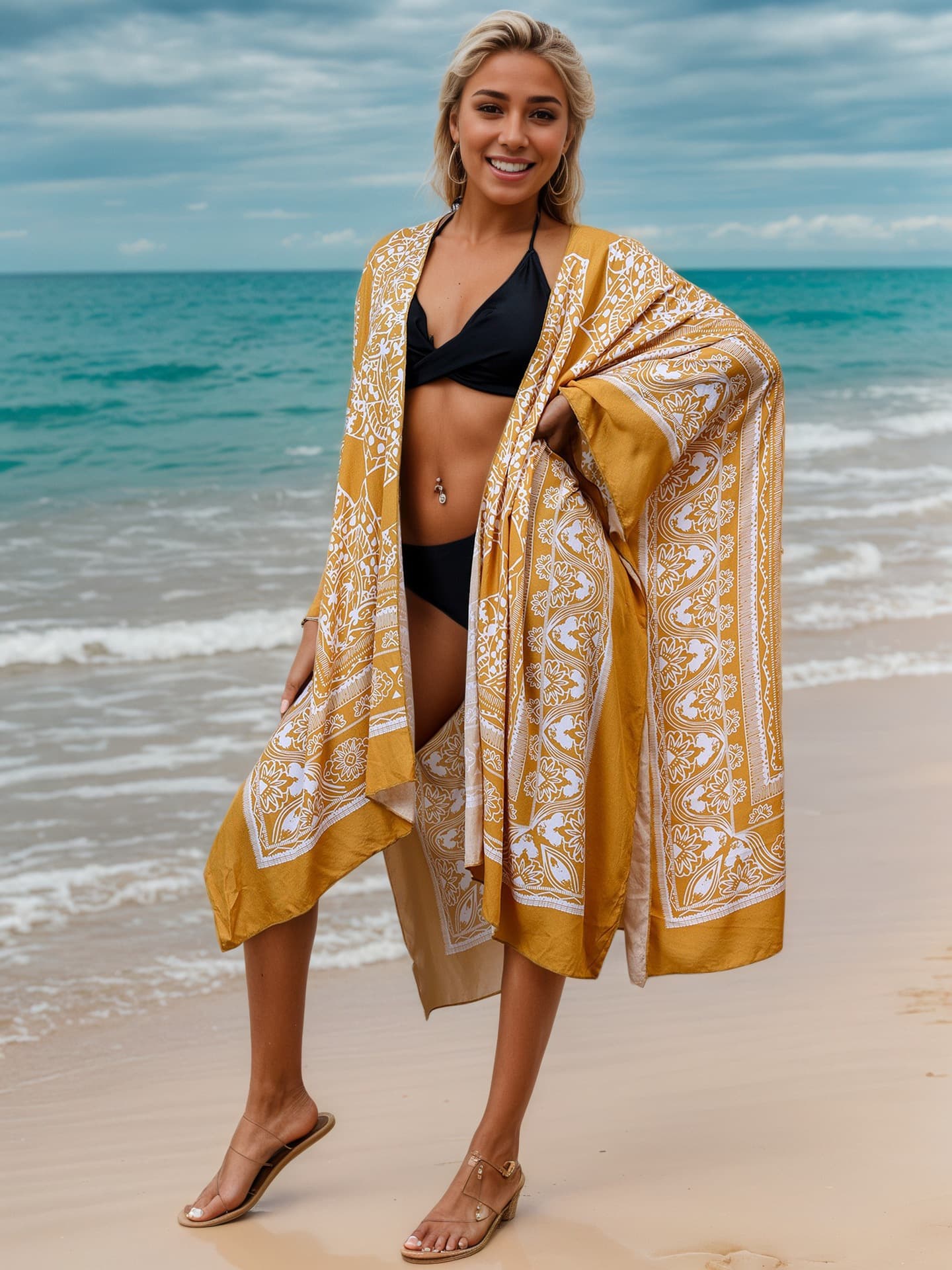 Kimono de playa ligero estampado con mangas duster