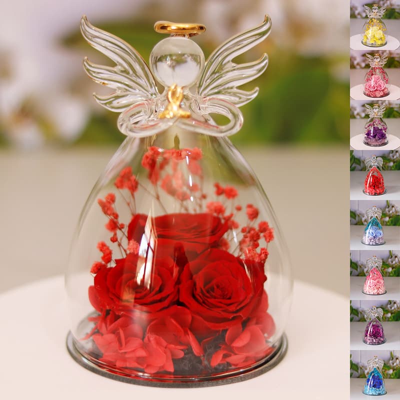 Caja decorativa flores eternas con campana ángel vidrio