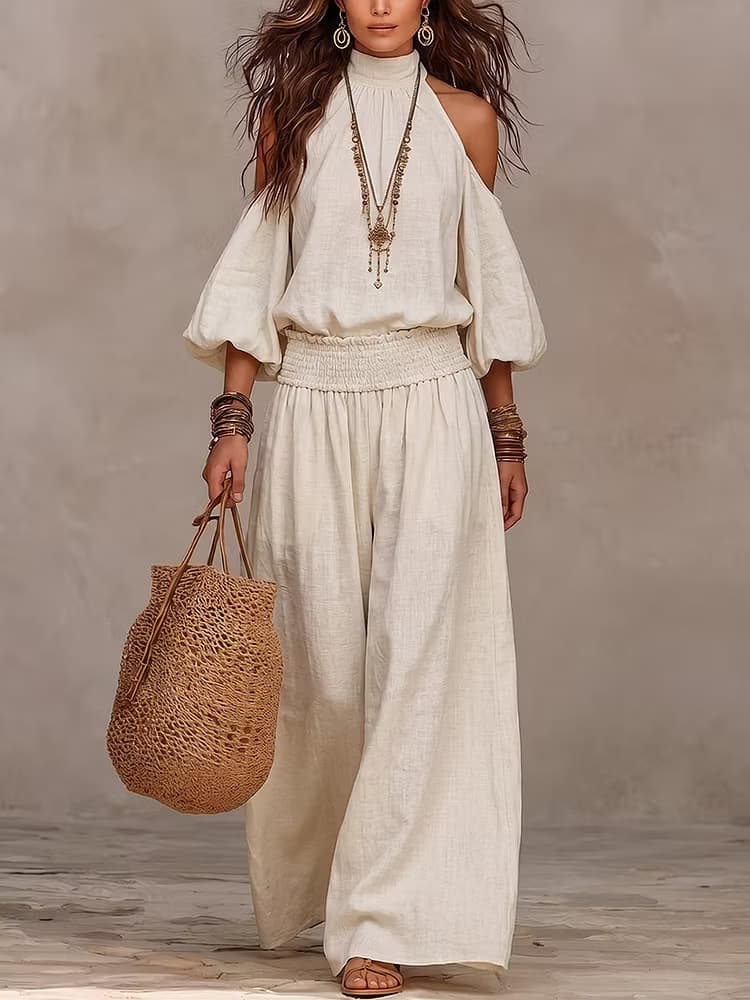Conjunto blusa holgada de cuello redondo y pantalones largos