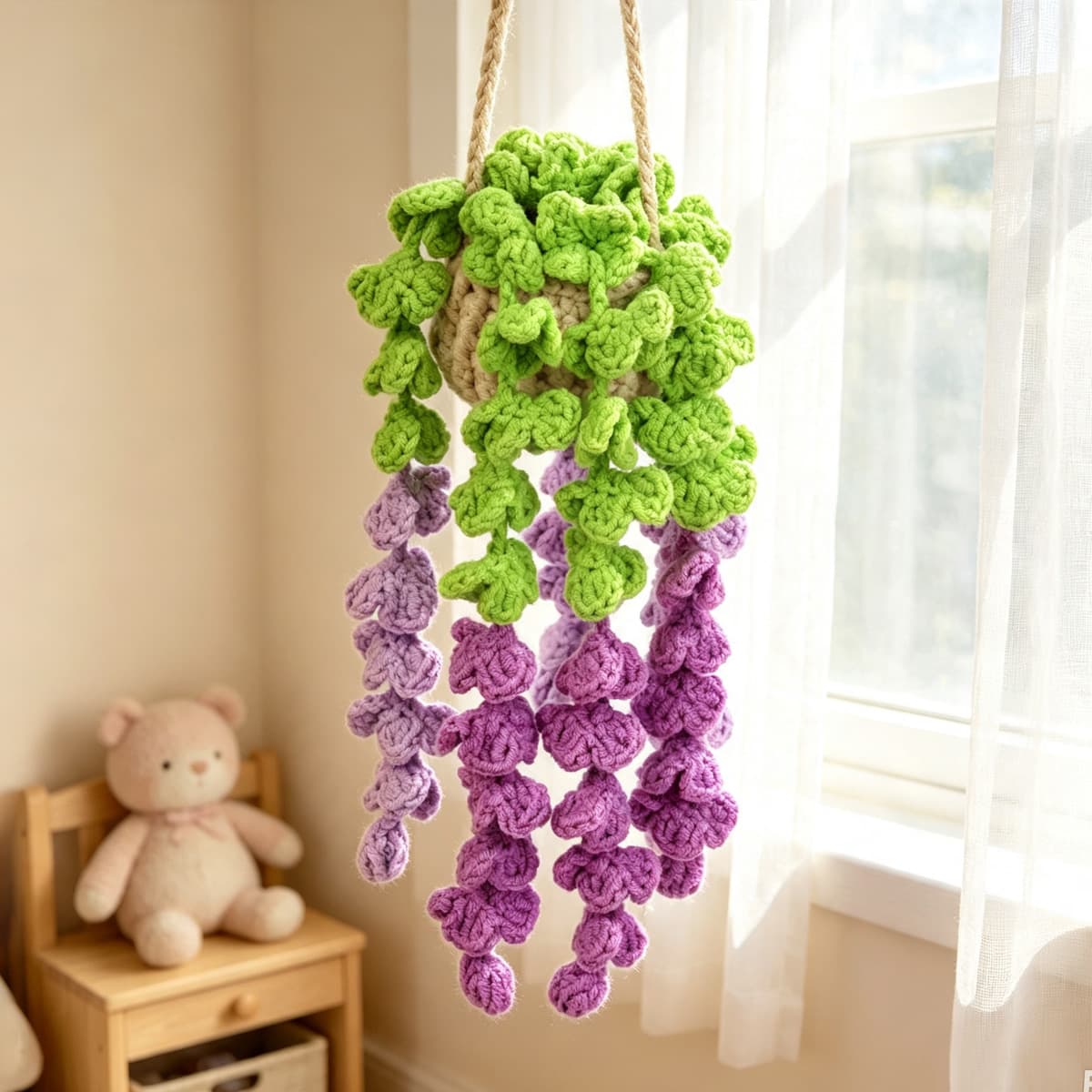 Maceta colgante wisteria crochet hecho a mano colores variados