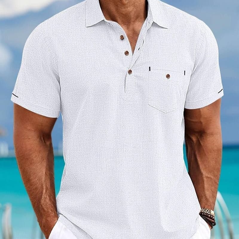 Camisa de hombre con cuello, bolsillo único y manga corta