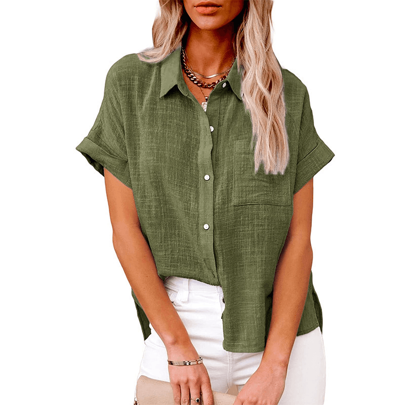Blusa de algodón y lino con bolsillo para mujer