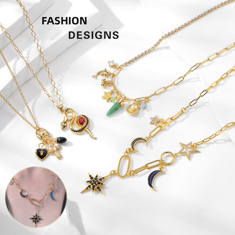 Collar de moda con estrellas y luna con brillantes
