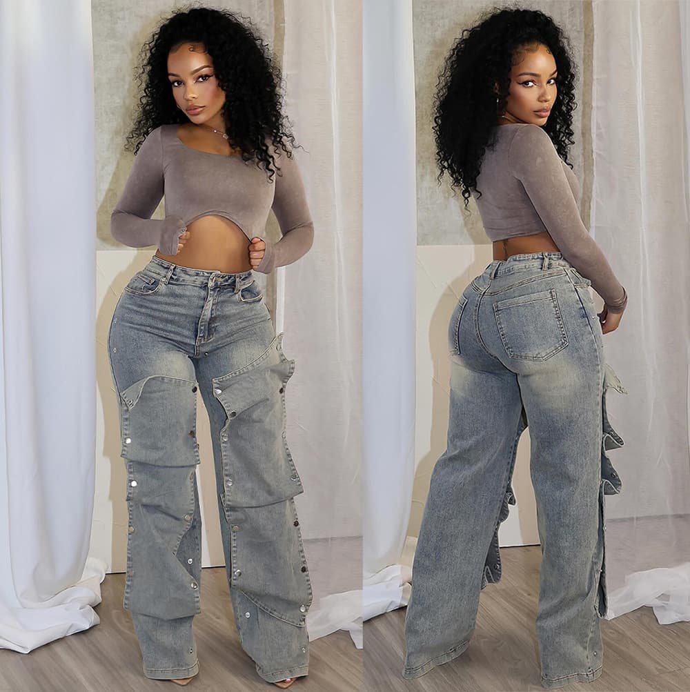 Jeans mujer cintura alta botones rectos