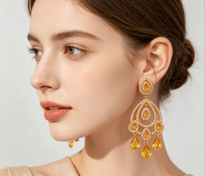 Aretes colgantes circón gota amarillo chapados en oro
