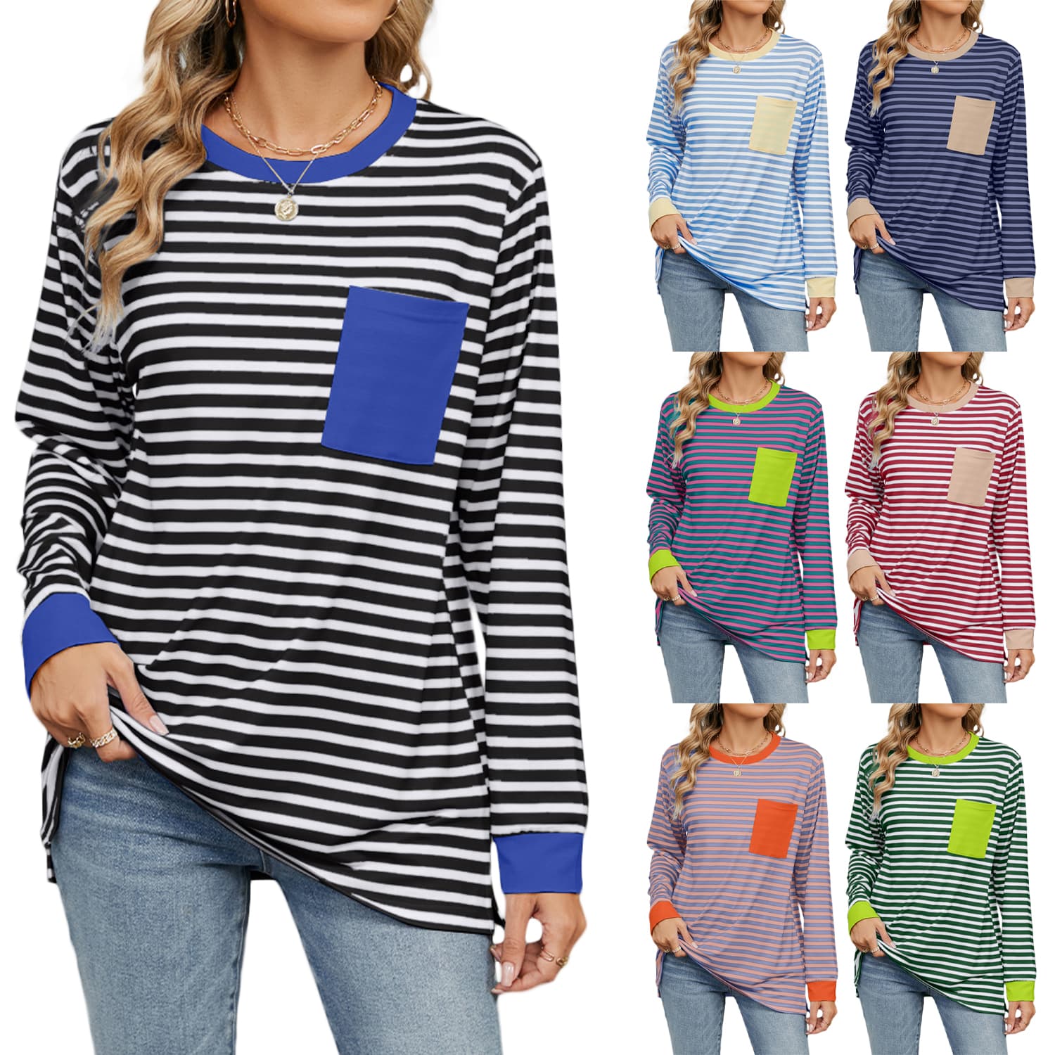 Camiseta de manga larga con cuello redondo y bolsillo