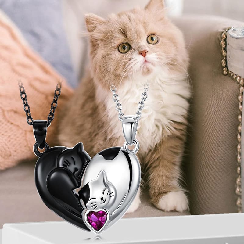 Collar pareja gatos abrazados negro y blanco 2 piezas