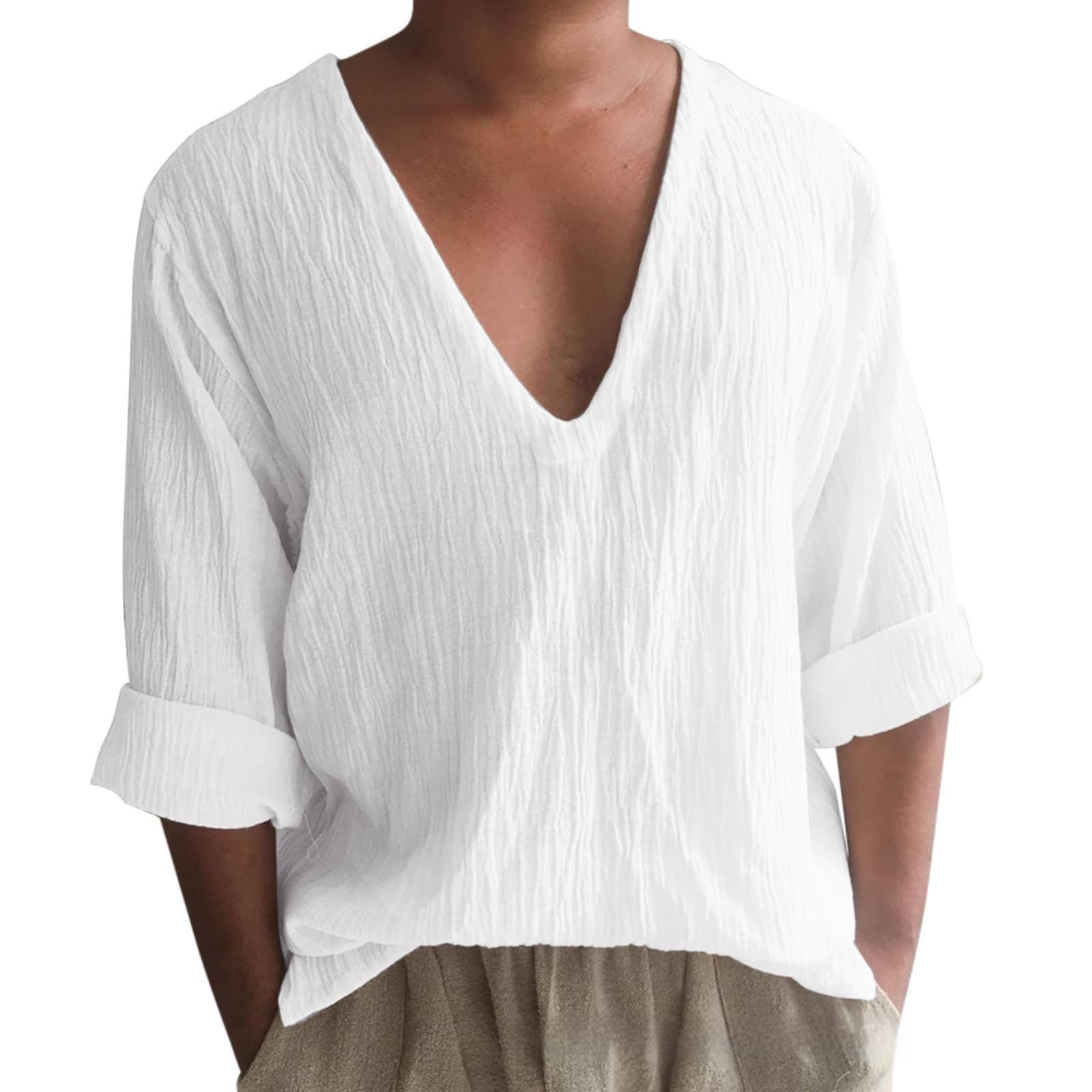Camiseta manga larga cuello V algodón lavado