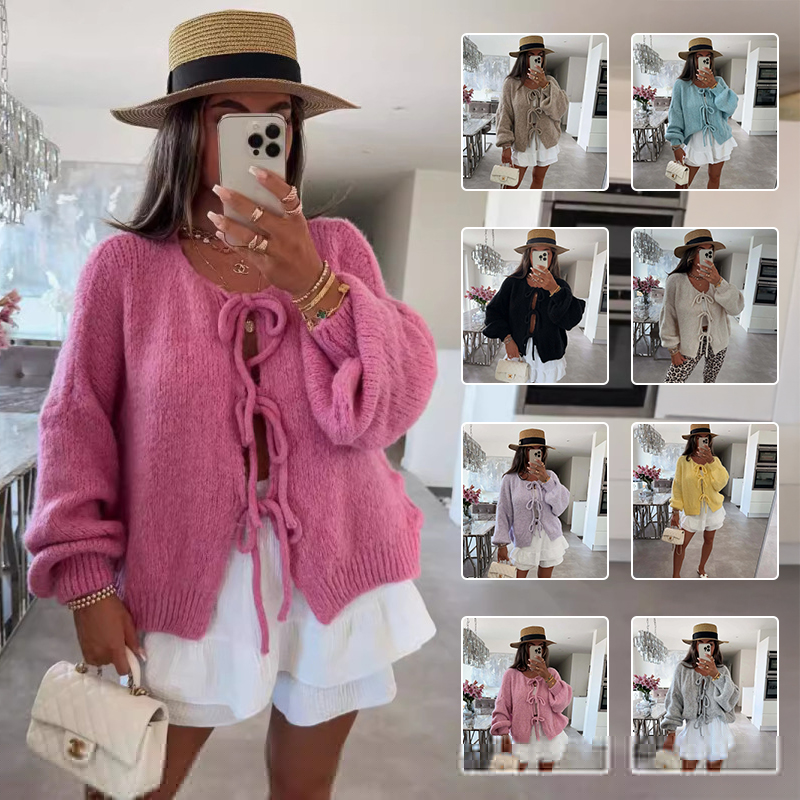 Cardigan de punto con moño y encaje para mujer