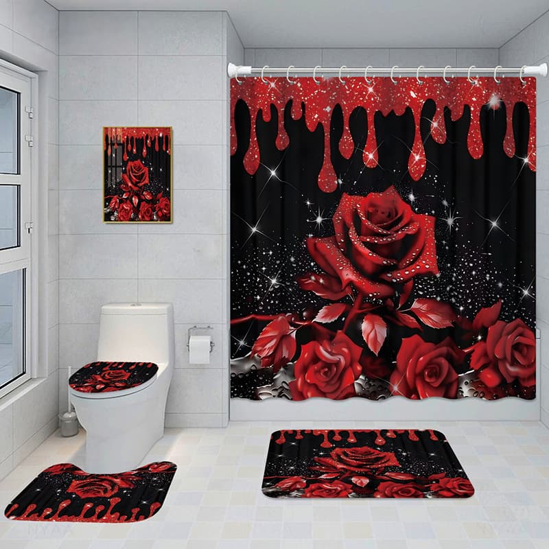 Juego de baño con cortina, alfombras y cuadro decorativo