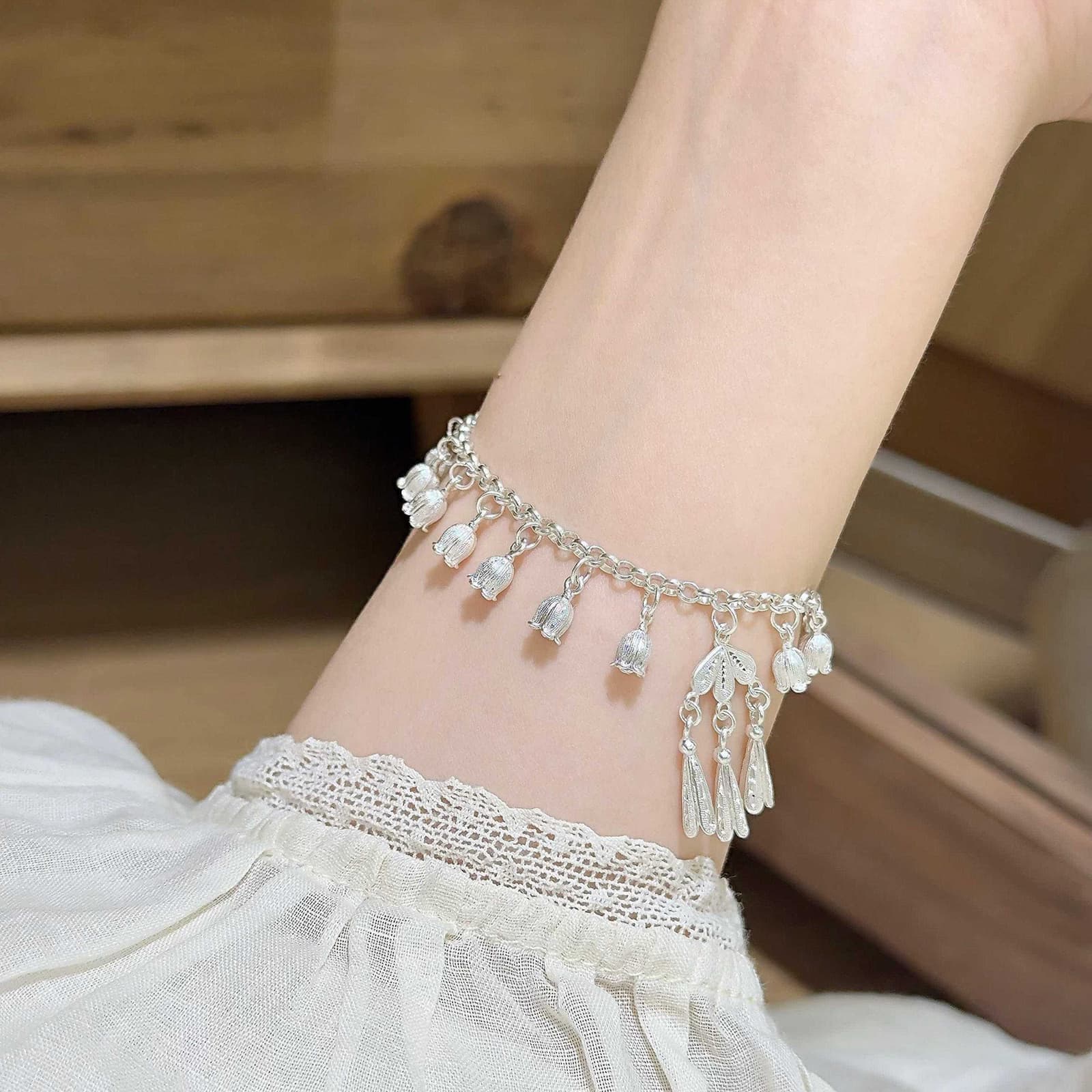 Pulsera de plata esterlina 999 con estilo lirio del valle