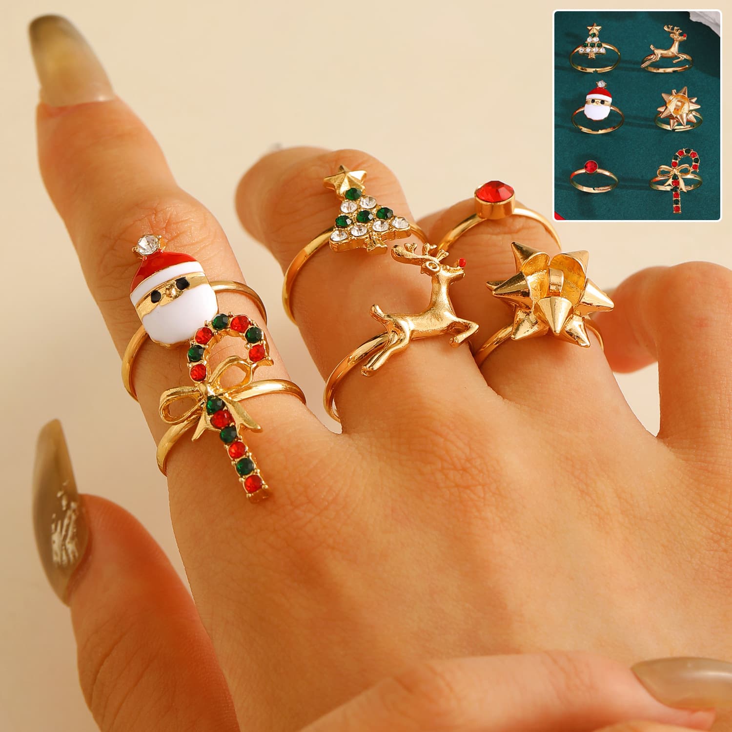 Set de 6 anillos navideños ajustables variados