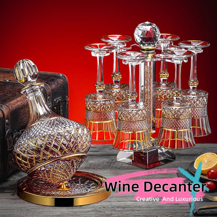 Decantador de vino rotatorio con cristal y diseño dorado