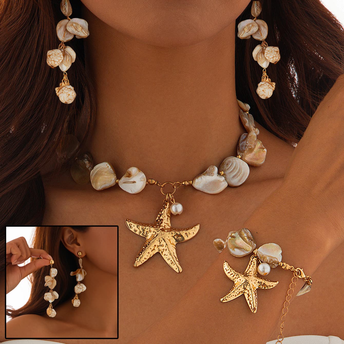Collar bohemio de concha con cadena de perlas