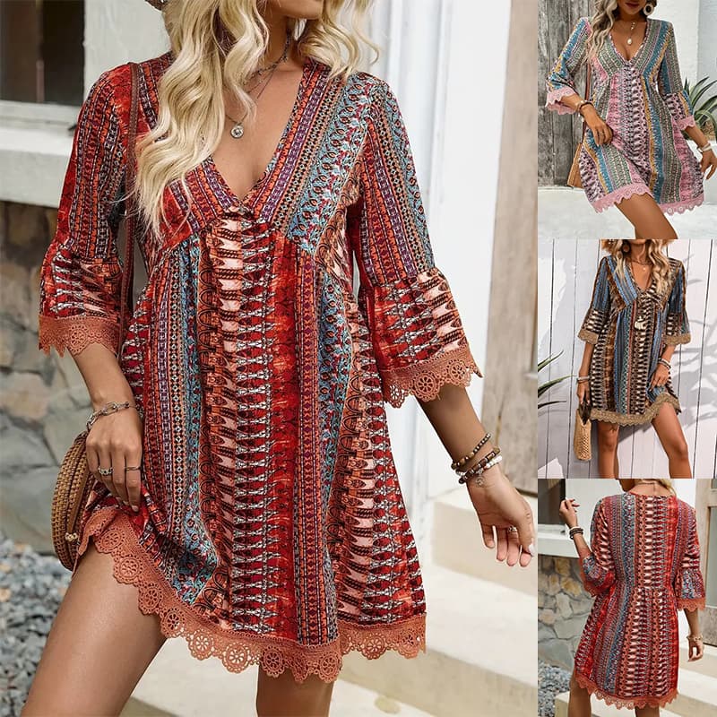 Vestido bohemio con escote en V estampado para playa