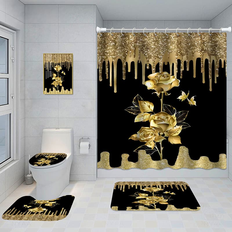 Juego de baño con cortina, alfombras y cuadro decorativo